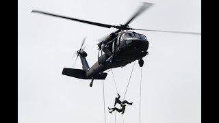 Soldiers rappel from Black Hawks during air assault training at Fort Indiantown Gap Pa [upl. by Drarehs]