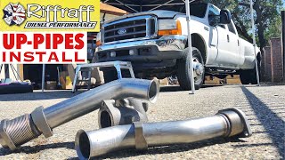 2001 F350 73  RiffRaff UpPipes Install  Stock up pipes leaking and falling apart JUNK SP [upl. by Leirej]