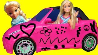 Elsa and Anna toddlers DRAW on Barbies NEW Car Does Barbie allow them They draw cute things [upl. by Aldos]