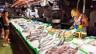 La Boqueria Barcelona  Spanish Fish Seafood Market [upl. by Amsirp]